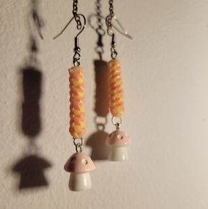 Yellow Pink Zigzags w Mushroom Charms - Handmade Lanyard / Scoobidou Earrings